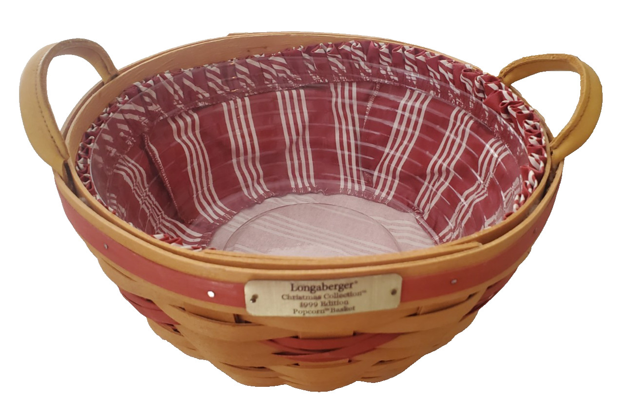VTG LONGABERGER 1999 POPCORN BASKET CHRISTMAS COLLECTION CLOTH & PLASTIC LINERS