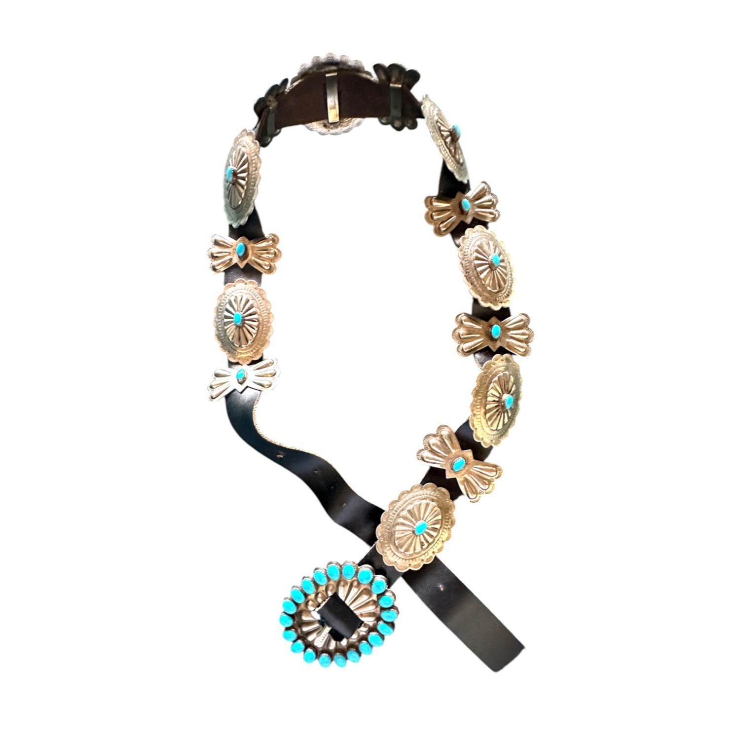 Vintage Navajo Silver Plated Metal & Turquoise Concho Belt