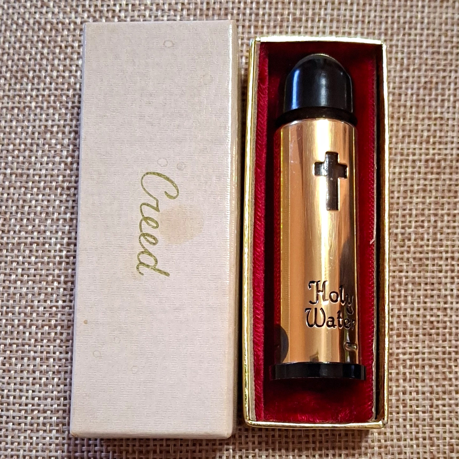Vintage 70\'s Creed Brass Cross Holy Water Bottle with original box