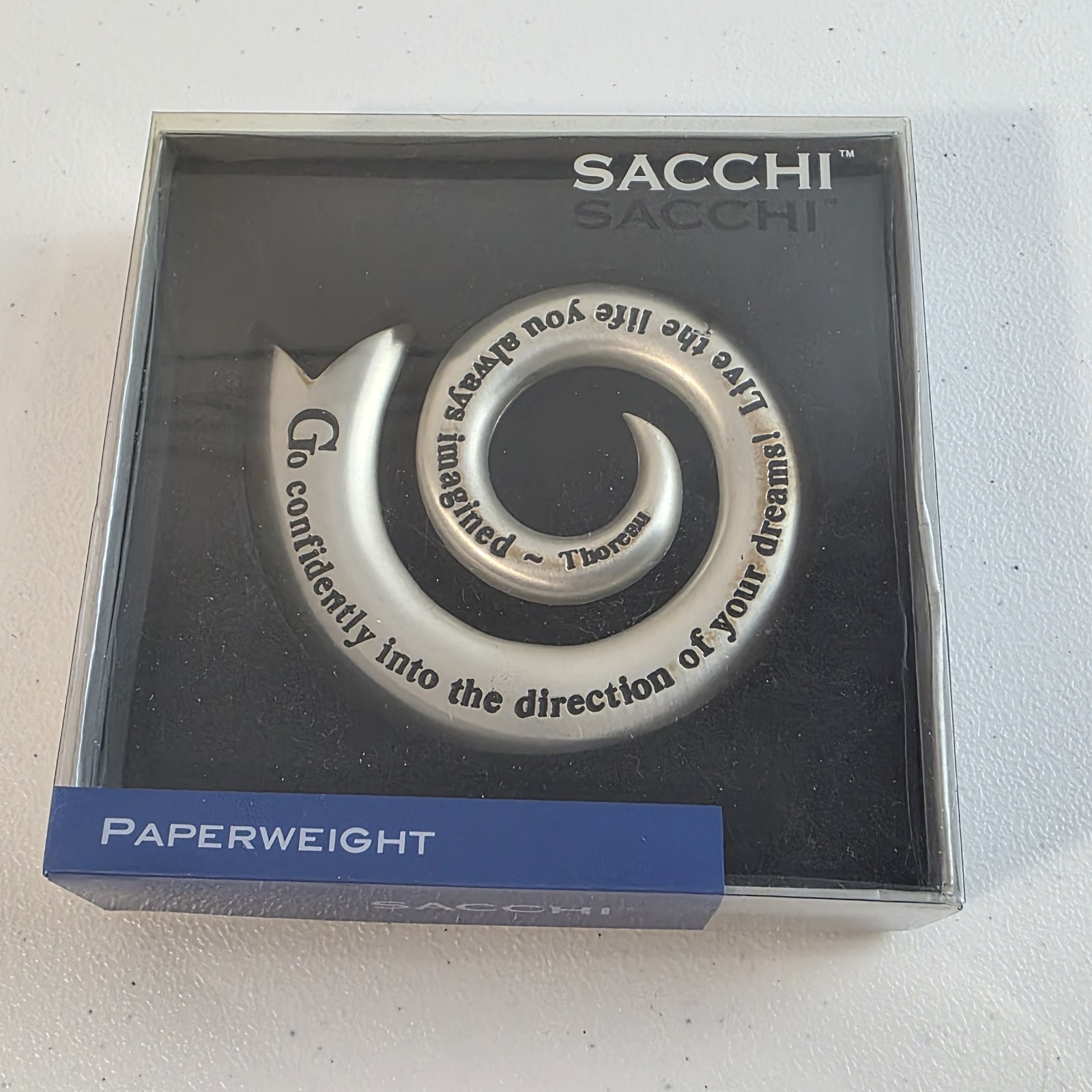 Vintage Sacchi Silver Metal Swirl Paperweight Inspirational Thoreau Quote  3.5