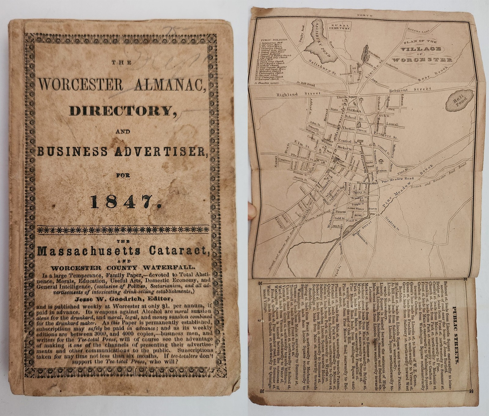 1847 antique WORCESTER ma ALMANAC DIRECTORY foldout MAP ADS artificial leg