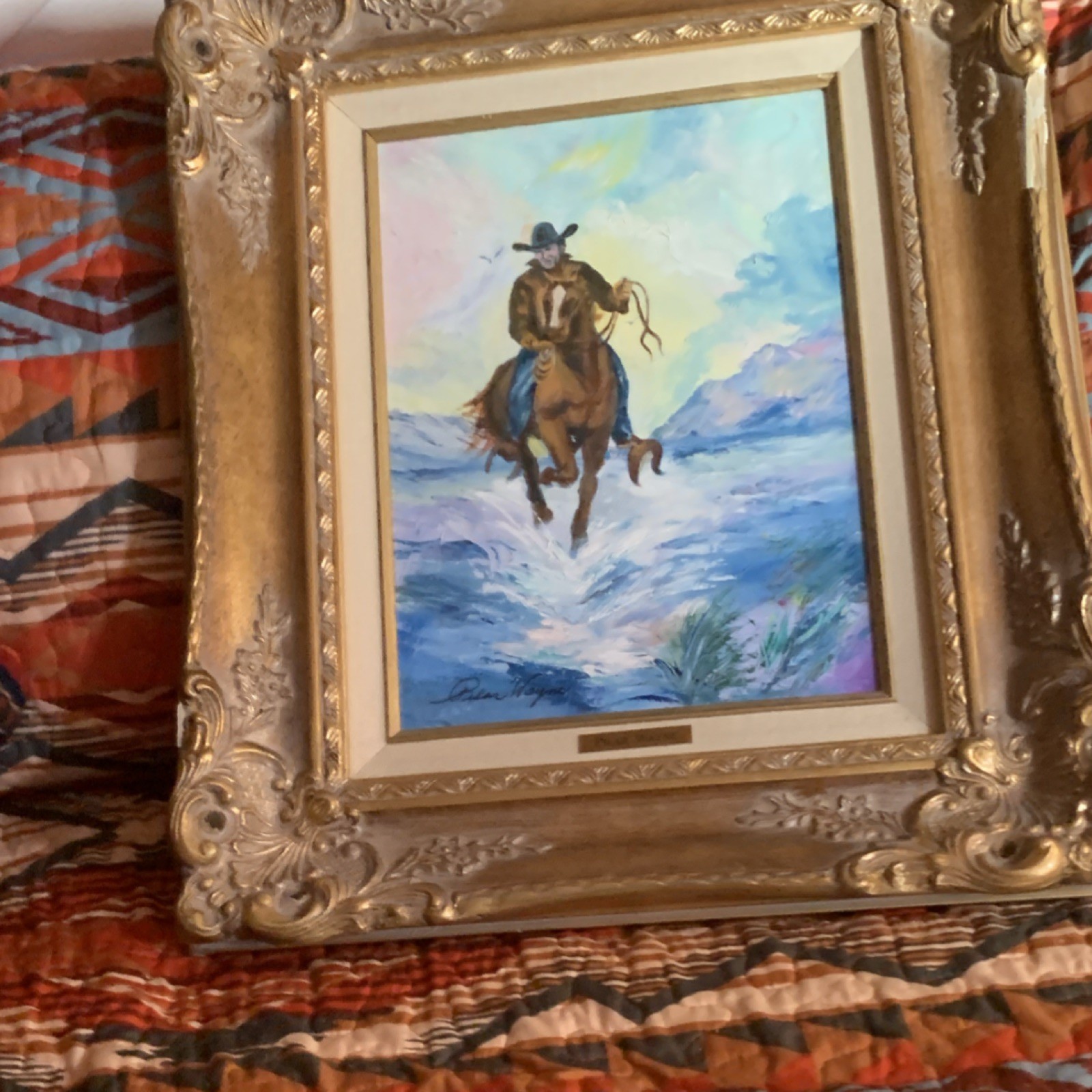Pilar Wayne Original Handmade Western Cowboy Painting Framed It is 19 x16 frame