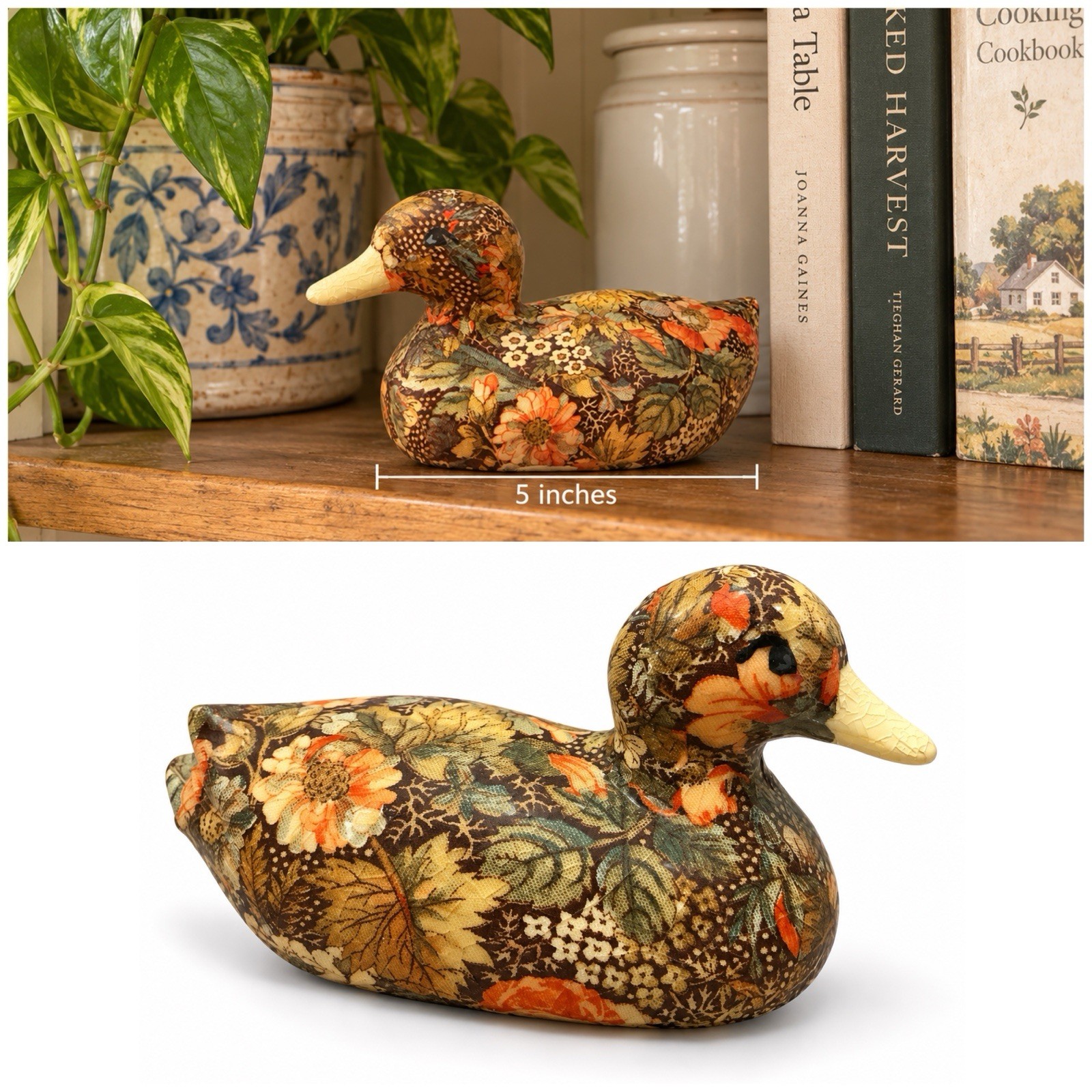 Vintage Floral Botanical Crackle Decoupage Duck  5” Figurine, Cottagecore
