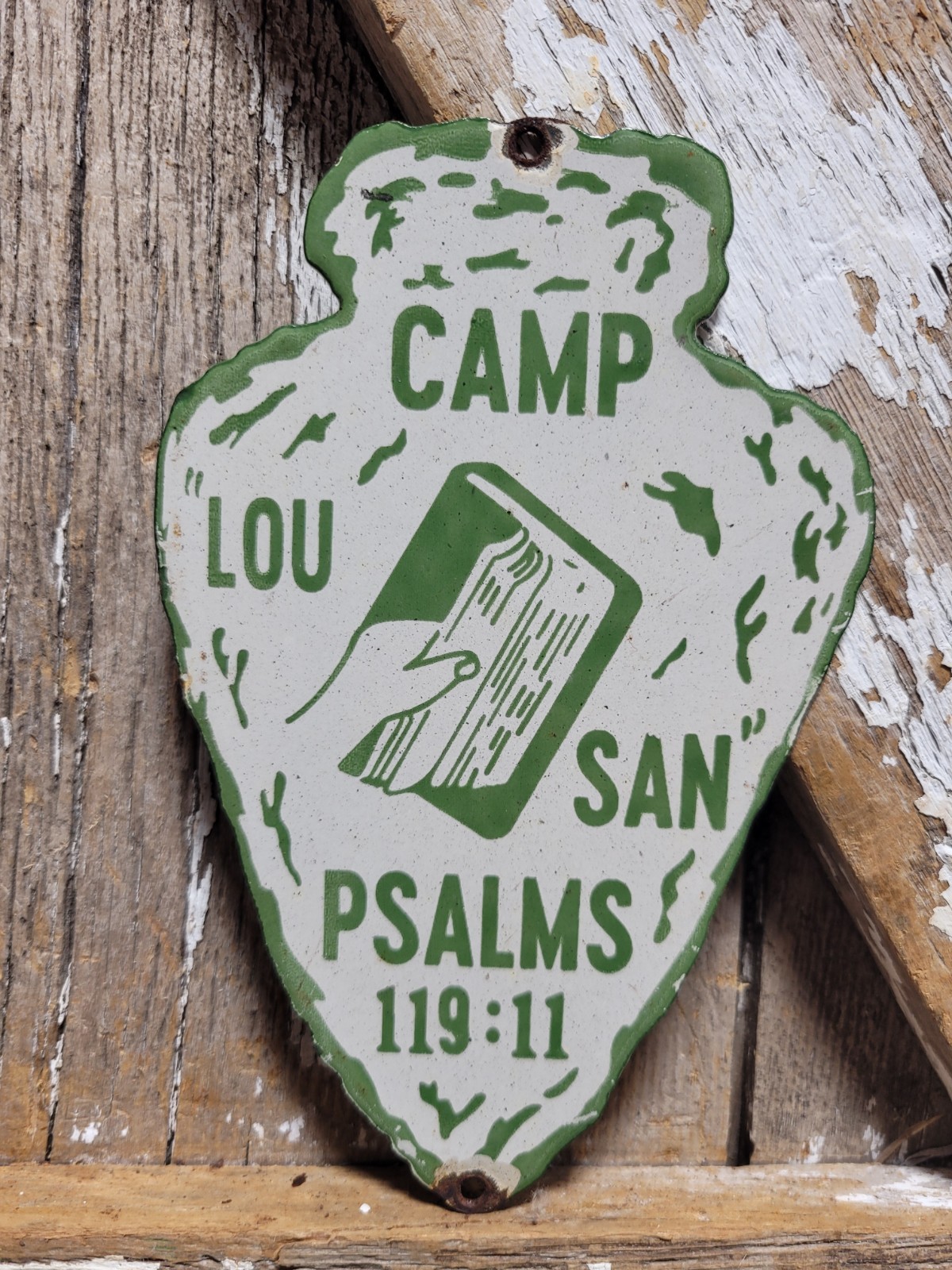 VINTAGE CAMP LOU SAN PORCELAIN SIGN OLD CHRISTIAN BIBLE CAMP LANCASTER PSALMS