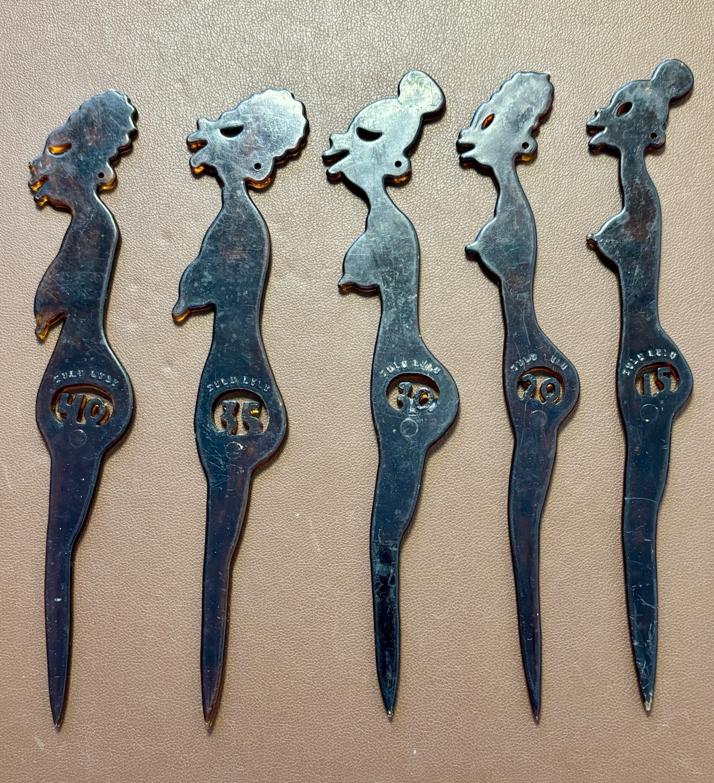 VTG 5-Celluloid Zulu Lulu Swizzle Sticks Mix Drink Stirrers Party Barware