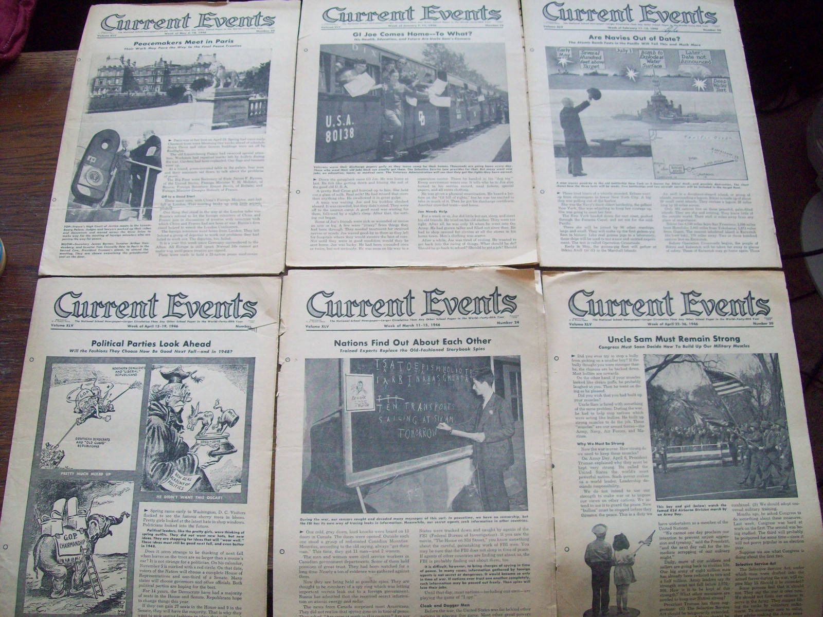 CURRENT EVENTS SIX  NEWSPAPER  LOT - JANUARY-MAY 1946