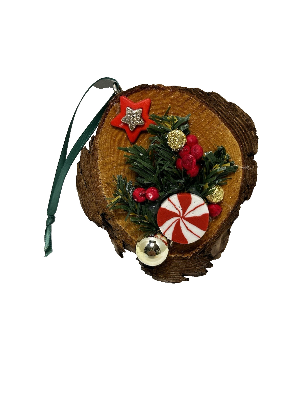 Vintage Handcrafted Wood Disc Embellished Christmas Ornament 3.5 x 3.25