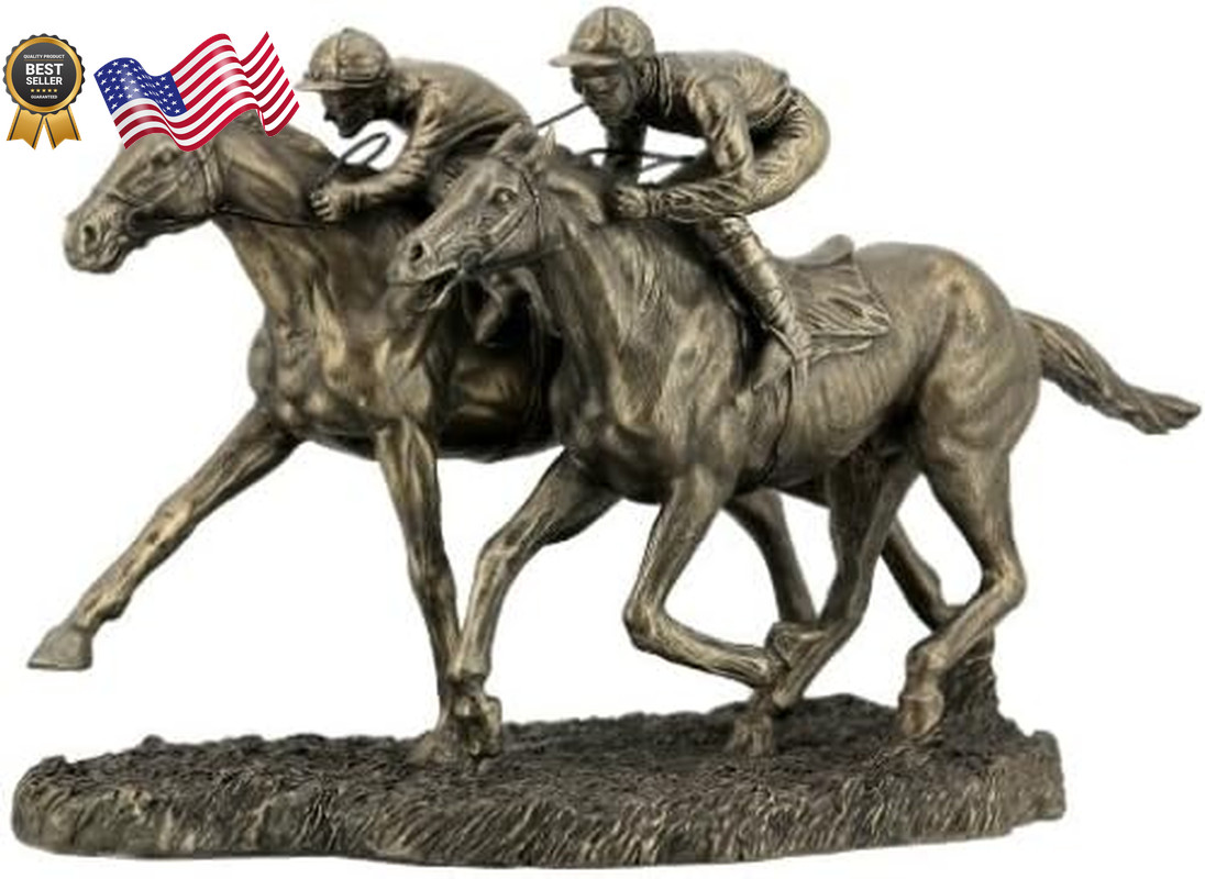 US 12.63 Inch Two Jockeys Horse Racing Cold Cast Bronze Figurine 