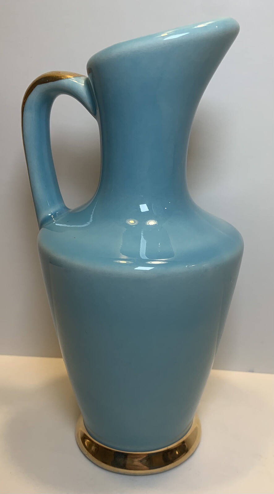 VTG American Art Pottery Blue with Gold Gilt 6.5” Ewer/ Pitcher/ Vase USA 210