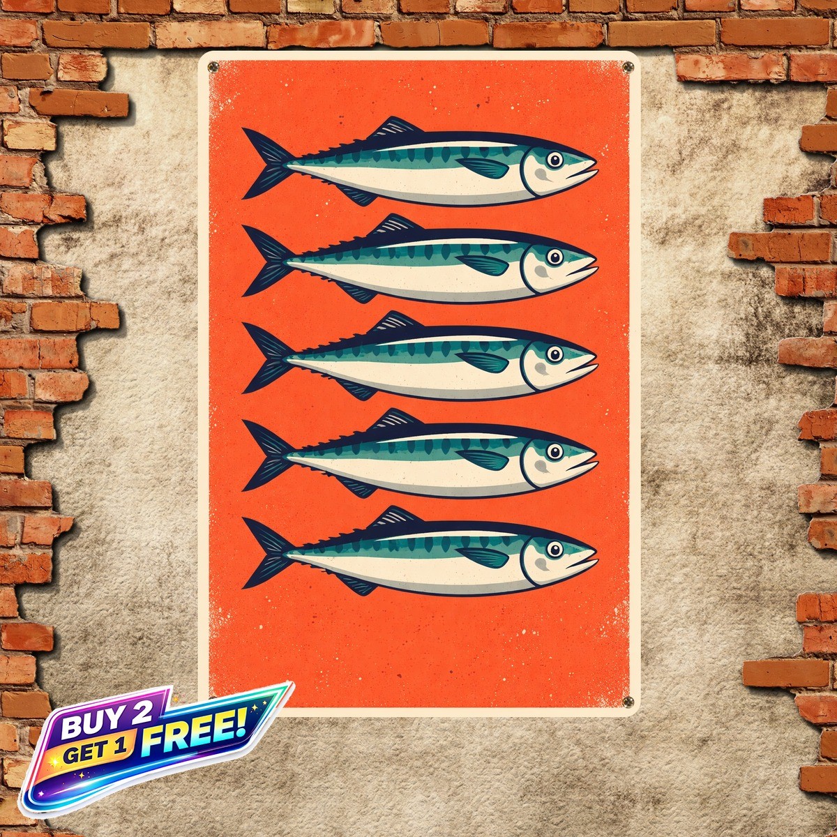 Five Blue Sardines Metal Sign Vintage Seafood Kitchen Tin Wall Art 8x12