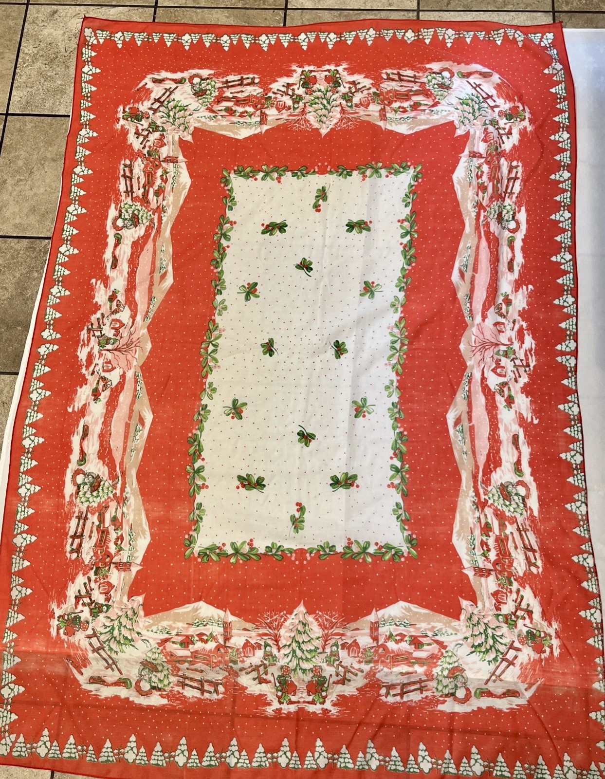 Vtg  1950 Christmas Tablecloth Thin Rayon Children Winter Village Faded 69 /47