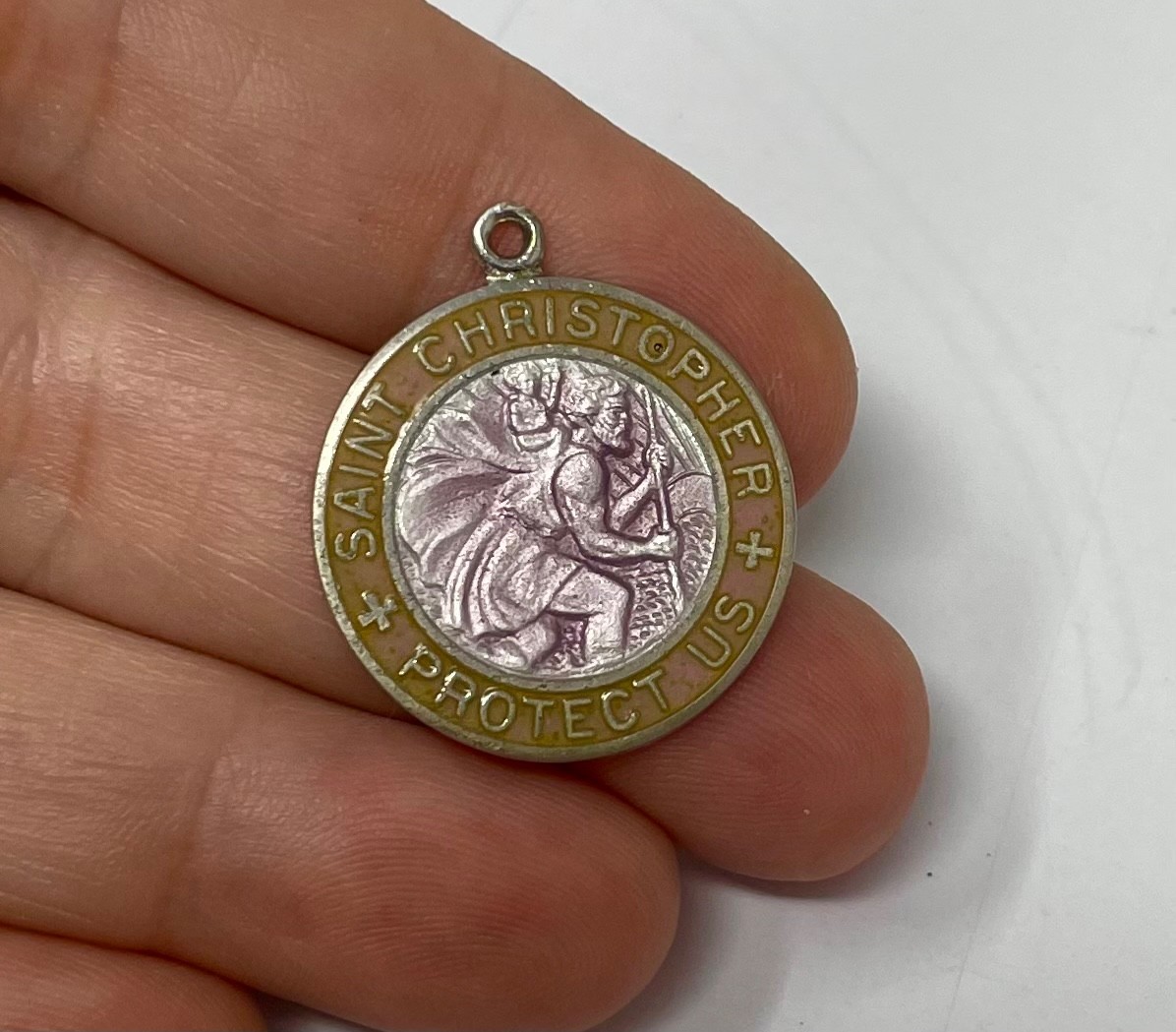 Vtg 1960’s Sterling Silver Enamel SAINT CHRISTOPHER MEDAL Pendant Infinity Mark