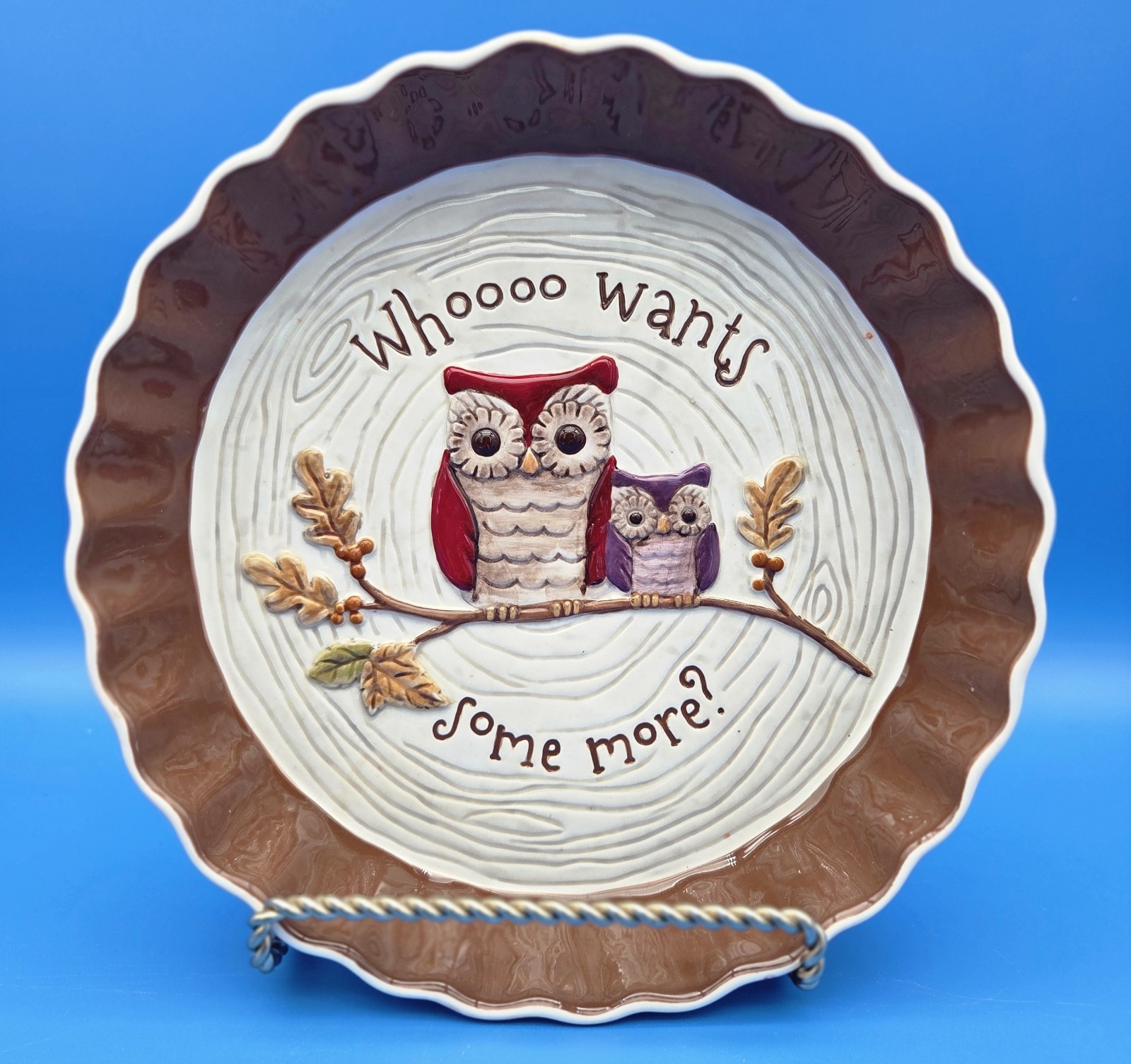 NEW Grasslands Road Crimson Hollow Owl Ceramic Pie Plate Thanksgiving Fall 9\