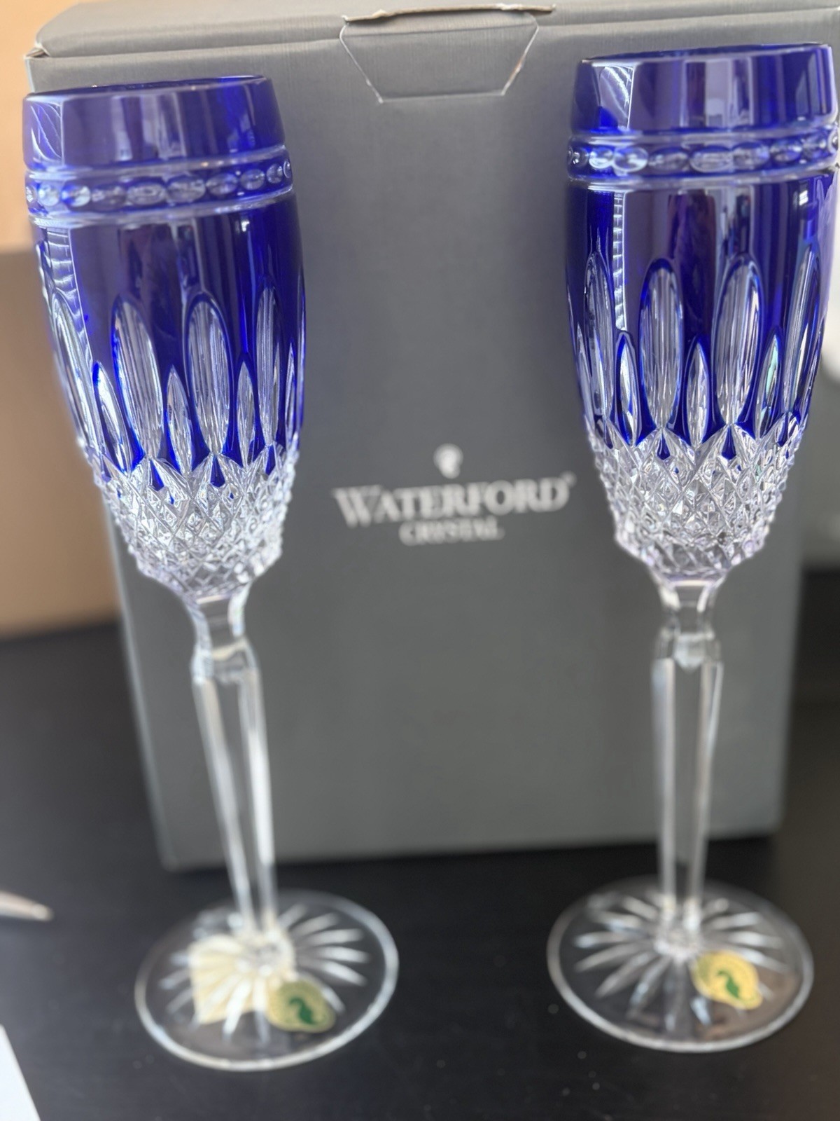 Pair Waterford Crystal Clarendon Cobalt Champagne Flutes 10” NIB-mint condition