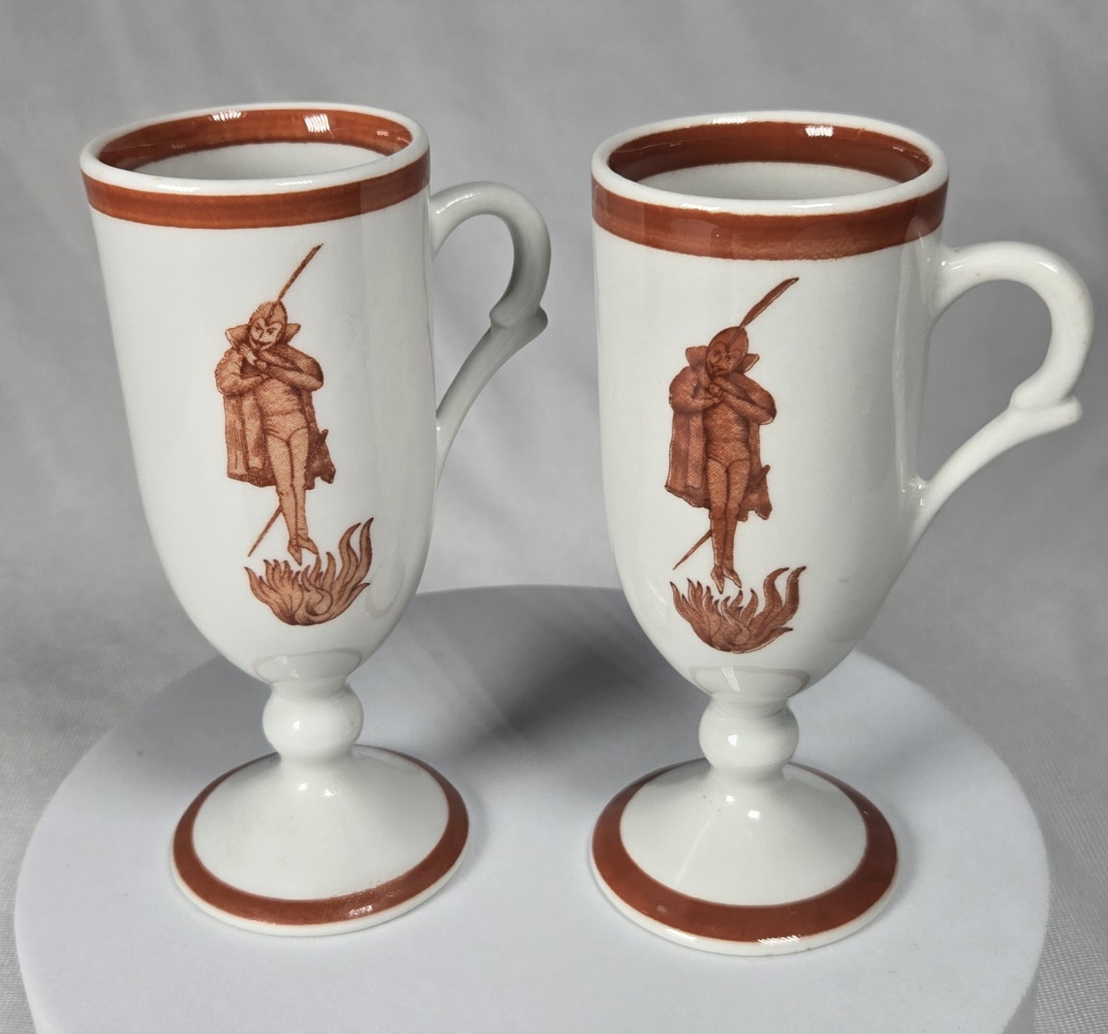 Flaming Devil Diablo Demitasse Cups Set of 2, Vtg Loubat Café Brulet, Carr China