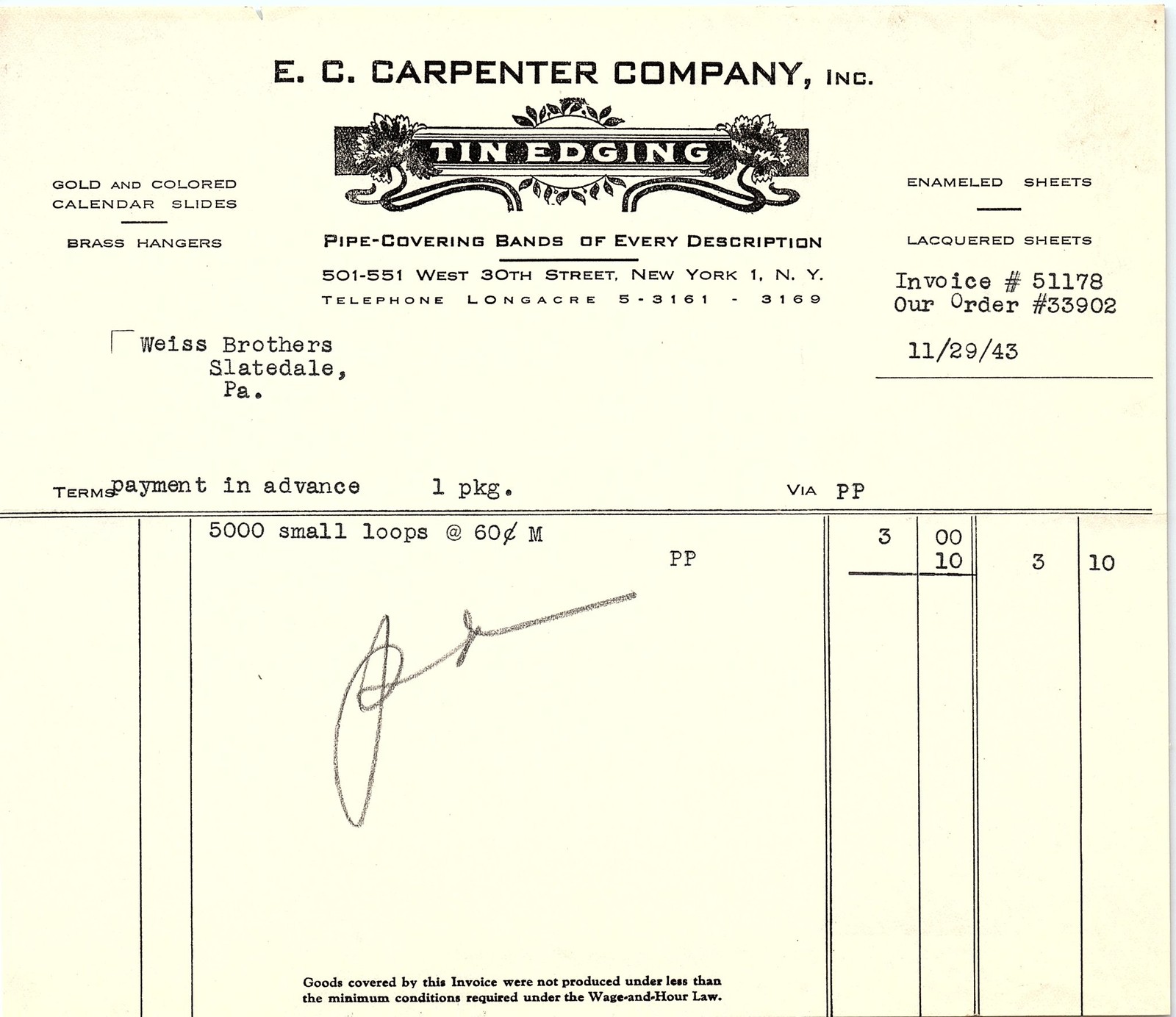 Vintage 1943 E. C. Carpenter Co. Tin Edging Billhead