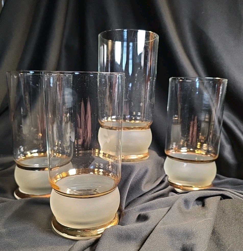 Fostoria Kristina Highball 19oz Frosted Base Gold Accents Set 4, Made In Romania