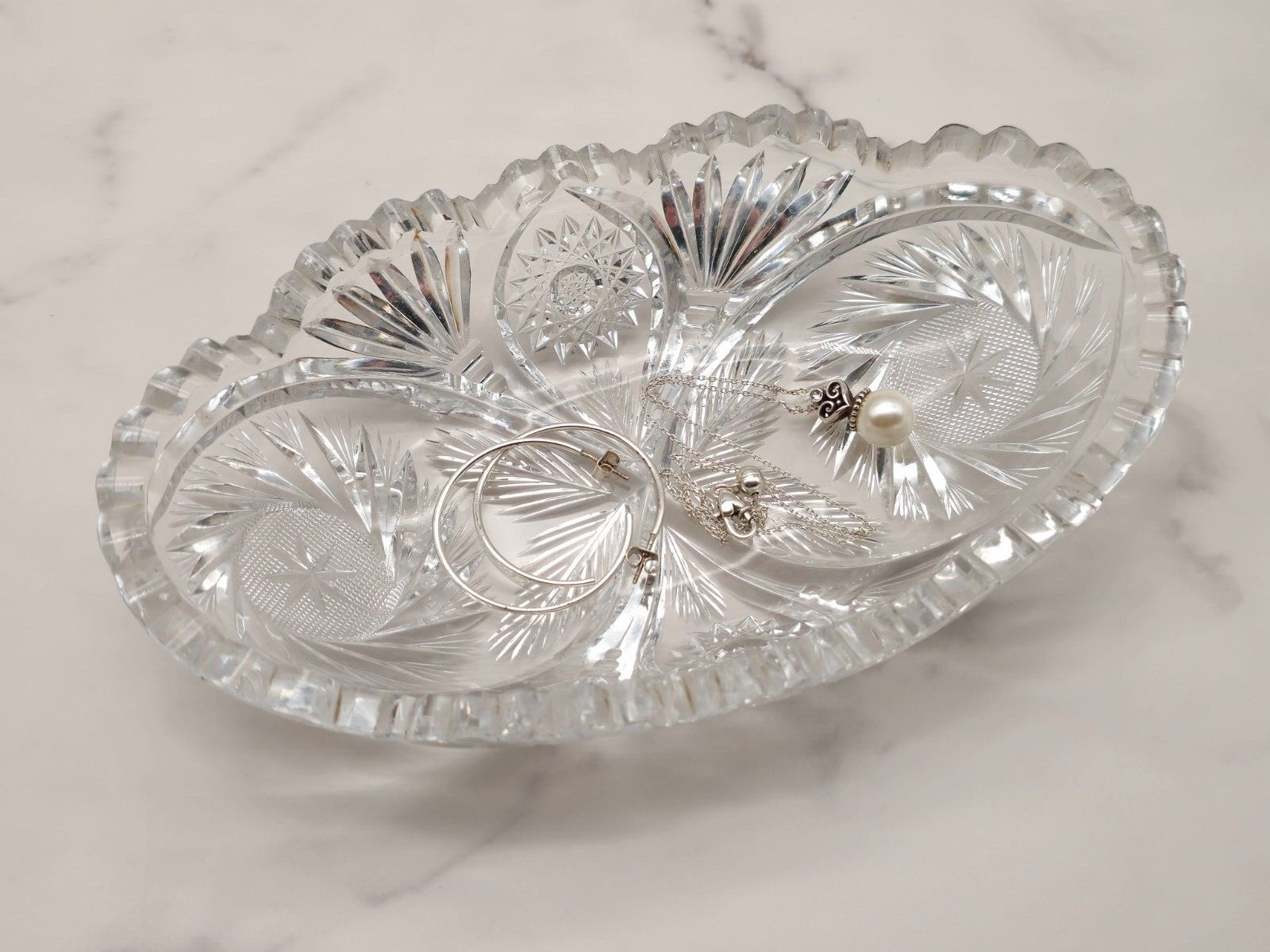 Vintage ABP Heavy Cut Glass Crystal Oblong Saw Tooth Edge Serving Dish Bowl