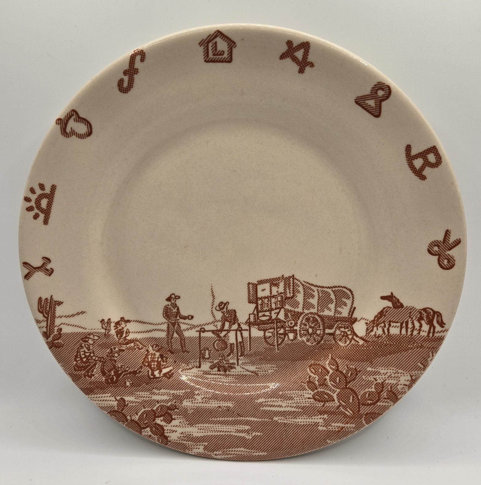 Wallace China Chuck Wagon Beige/Brown Plate, El Paso Hotel Supply Co Texas