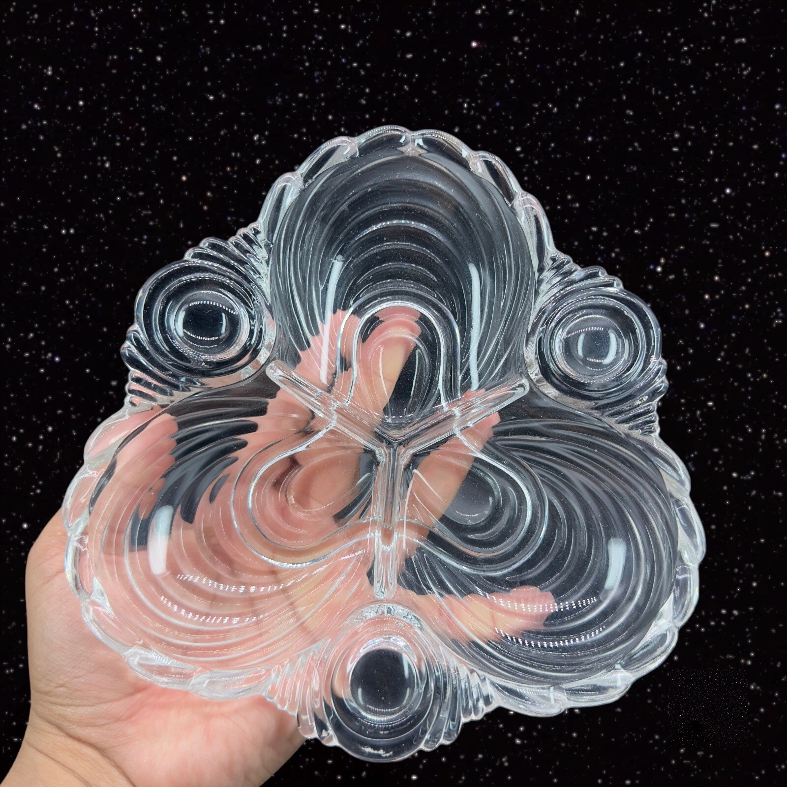 Cambridge Glass 3 Compartment Relish Dish Trefoil Caprice Clear Scalloped 7.5