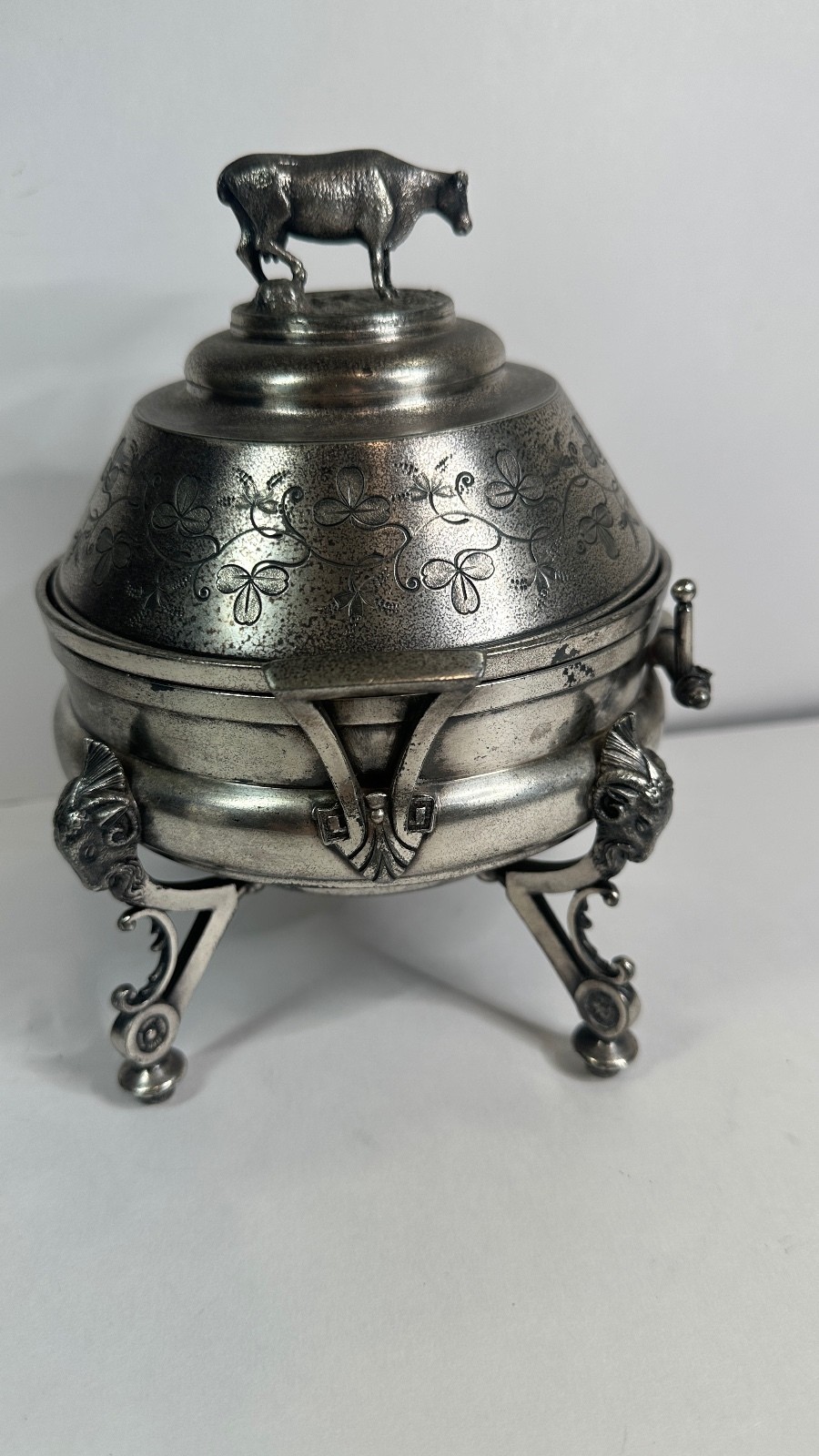 Antique Meriden Silverplated Cow Finial Butter Dish Footed Victorian Farmhouse