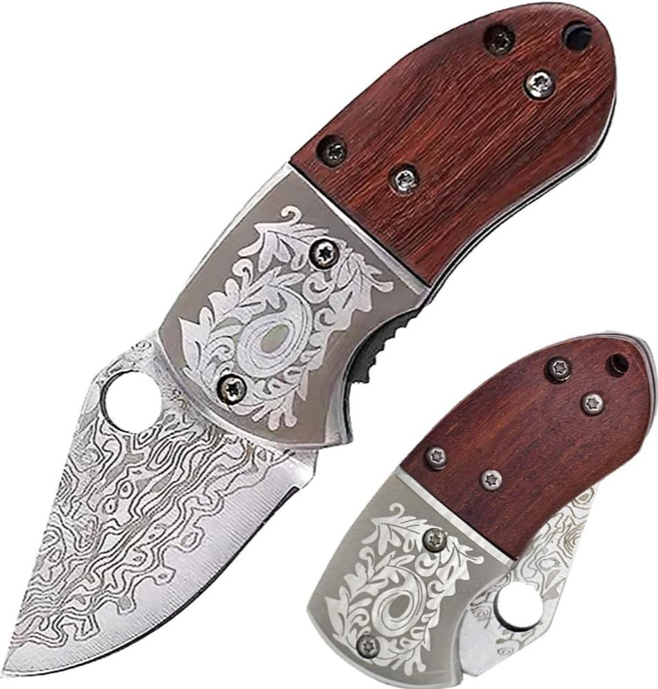 Wood Handle Damascus Etched Mini Folding Chubby Pocket Knife+ knife holder