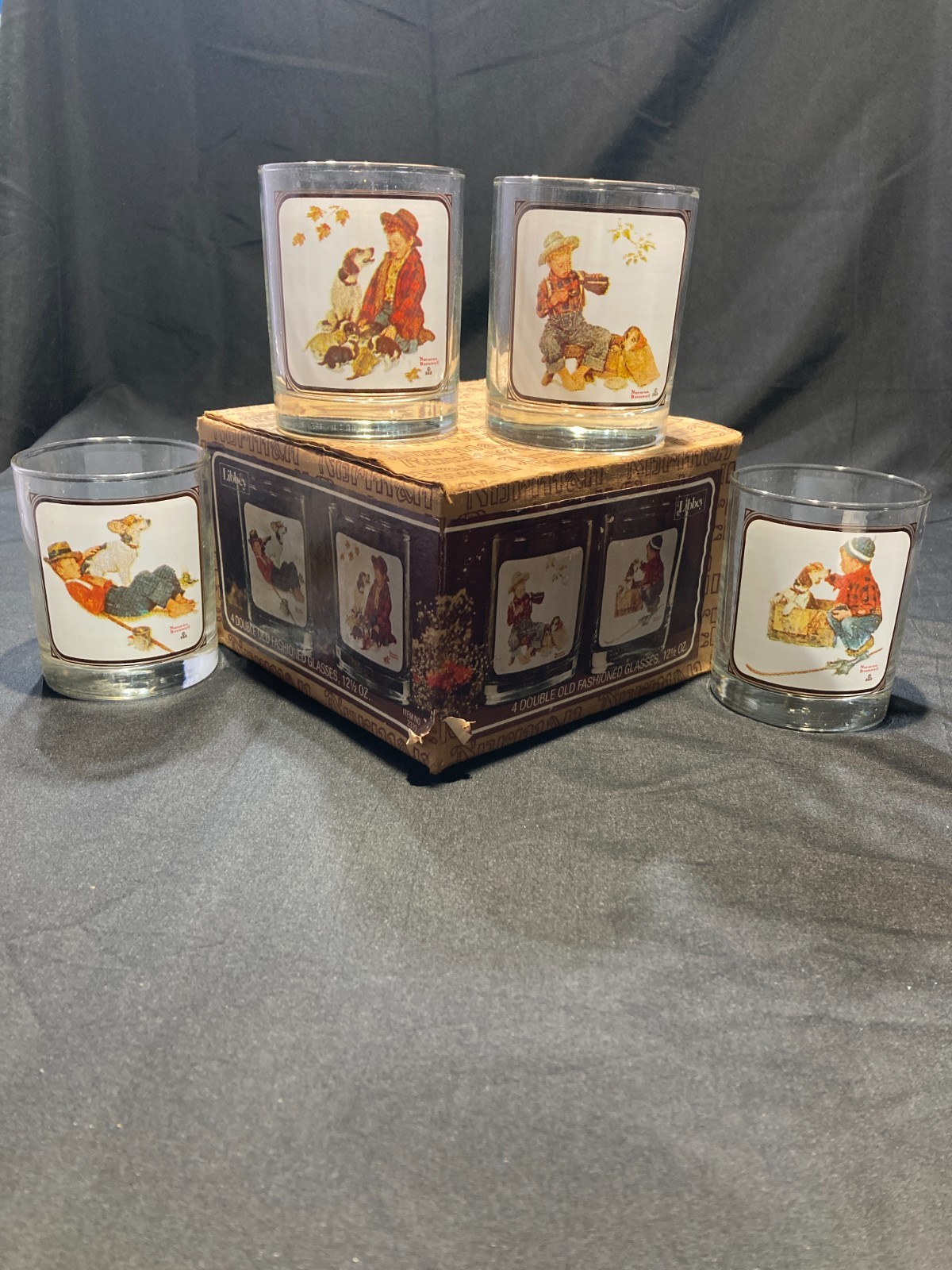 vintage Double old-fashioned glasses, 4-12.5 oz in the box Norman Rockwell