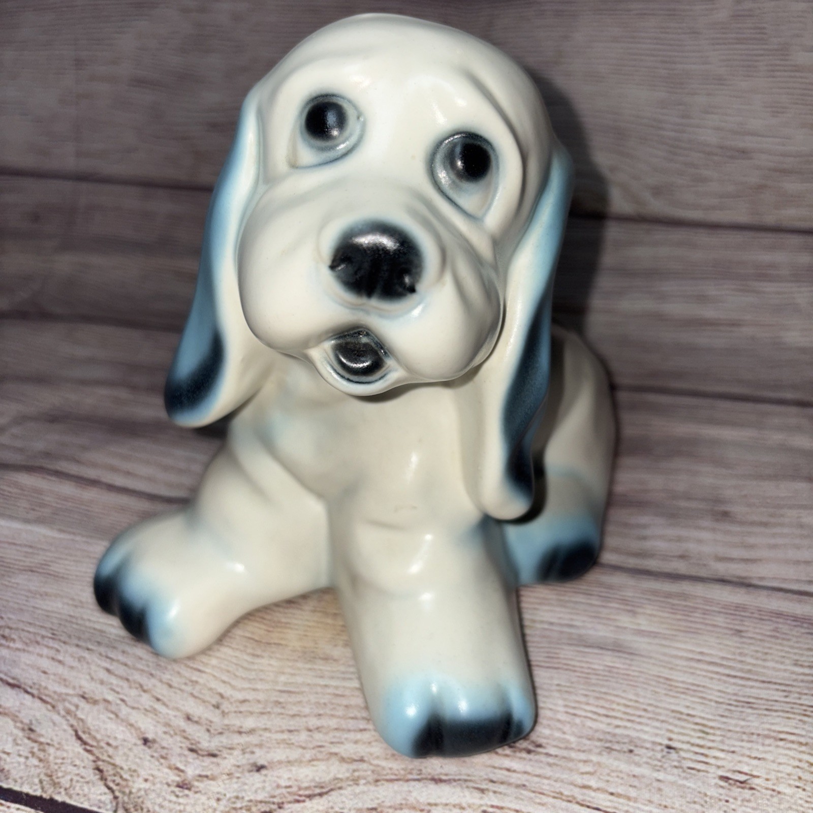USA Pottery Puppy Dog Planter White Blue Satin Finish Spaniel Hound Dog 8x6x4.5”
