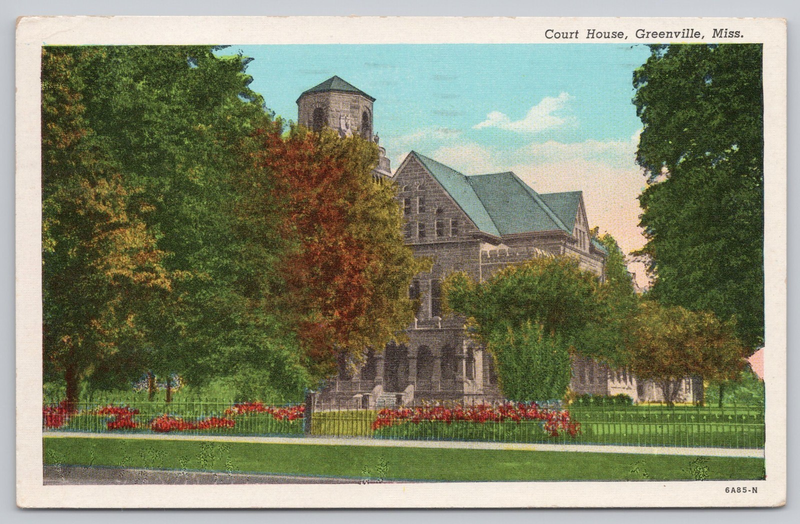 Greenville Mississippi Court House Stone Building Gardens Linen Postcard