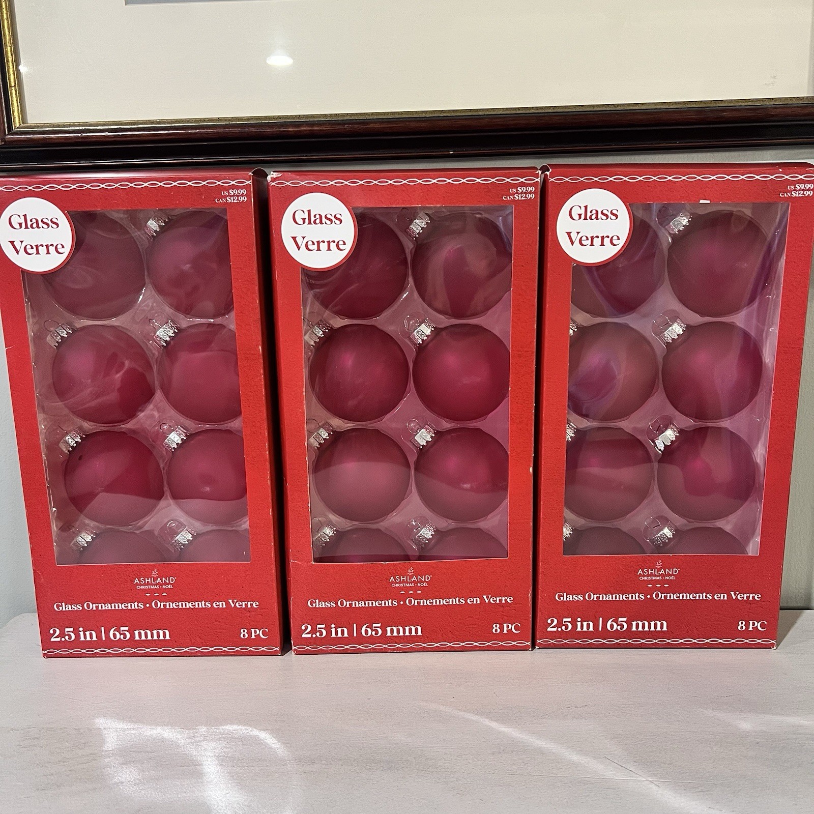 New Ashland Glass Christmas Ornaments Qty 3 Boxes 8 Per Box Matte Fushia 2.5\