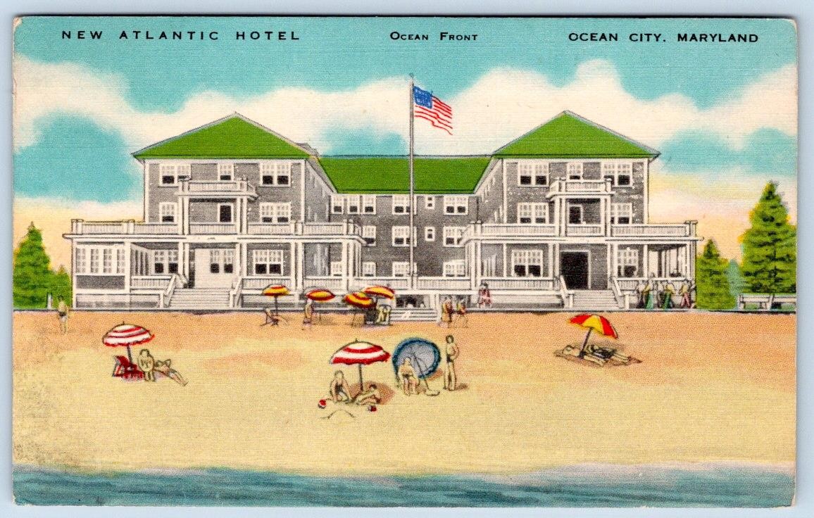 1930-40\'s NEW ATLANTIC HOTEL OCEANFRONT OCEAN CITY MD CHARLES PURNELL POSTCARD