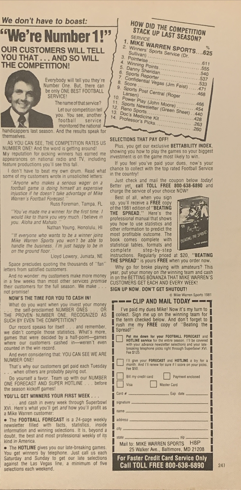 1981 Mike Warren Sports PRINT AD Football Betting - Beating The Spread VTG 1980s