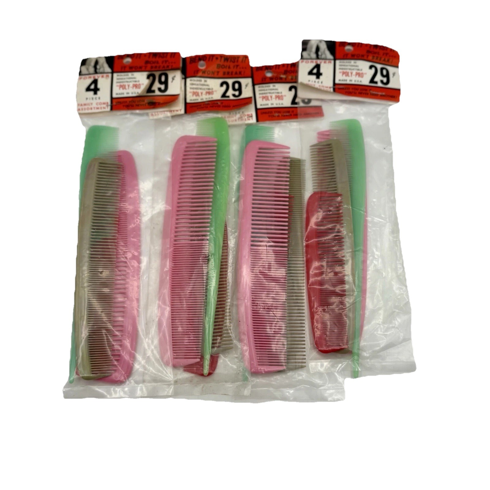 Vintage Forever Unbreakable Comb Set 4 Packs of 4 Indestructible Poly-Pro USA