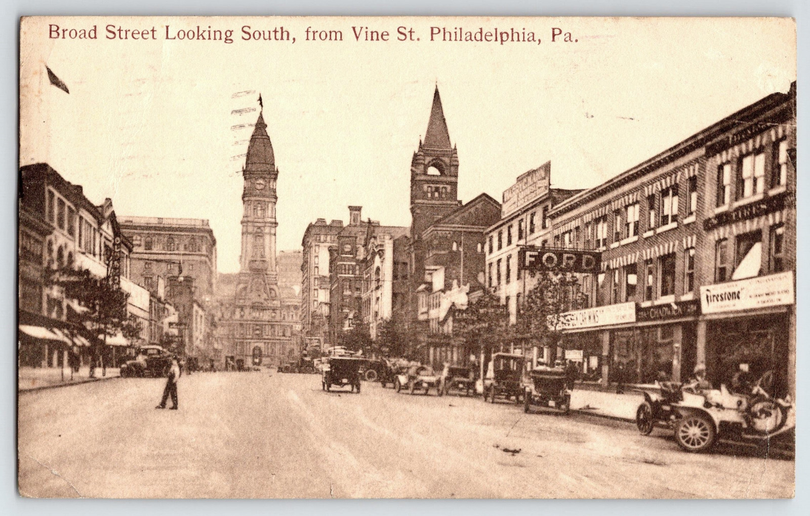 [5i6] Postcard 1912, Broad Street Looking South, Philadelphia, Ford Firestone