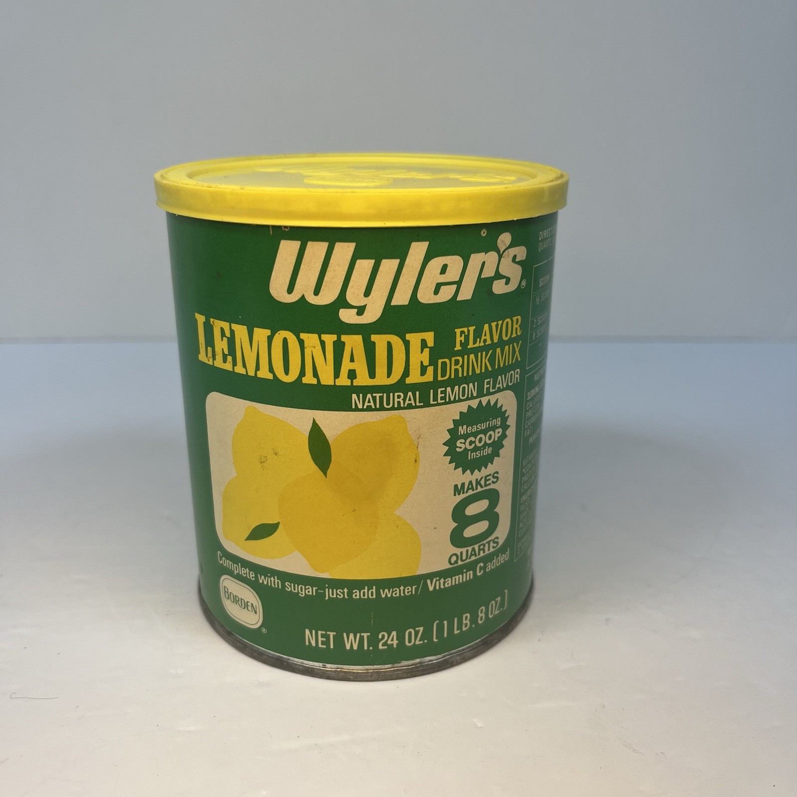 Vintage 1970s Borden Wyler\'s Lemonade Flavor Drink Mix Tin Can 24 Oz Canister
