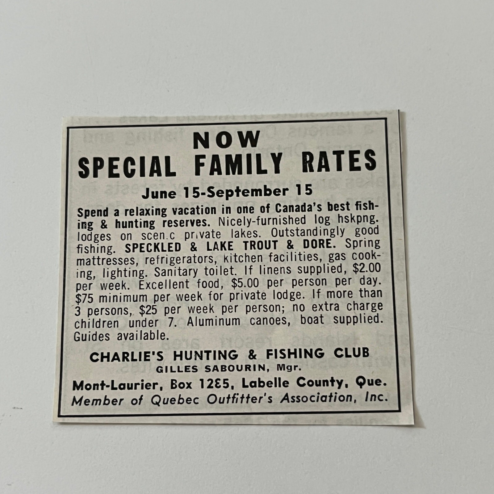 Charlie's Hunting & Fishing Club G Sabourin Labelle QC 1965 Magazine Ad SAG6-S8