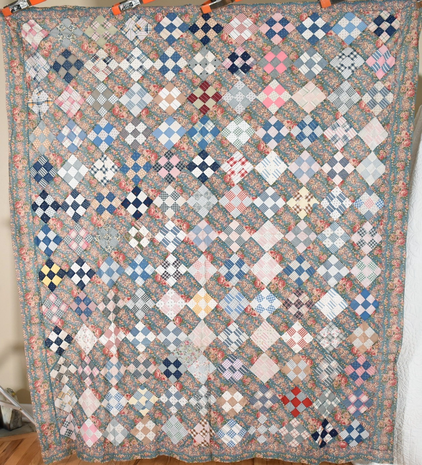 GORGEOUS 1910's Nine Patch on Point Antique Quilt Top ~Beautiful Vintage Fabrics