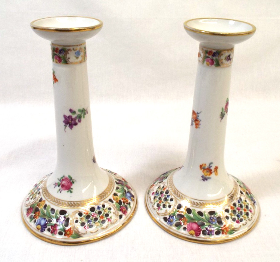 Vintage Schumann Empress Dresden Flowers Chateau Bavaria Candlestick Pair Gold Vintage Schumann Empress Dresden Flowers Chateau Bavaria Candlestick Pair Gold