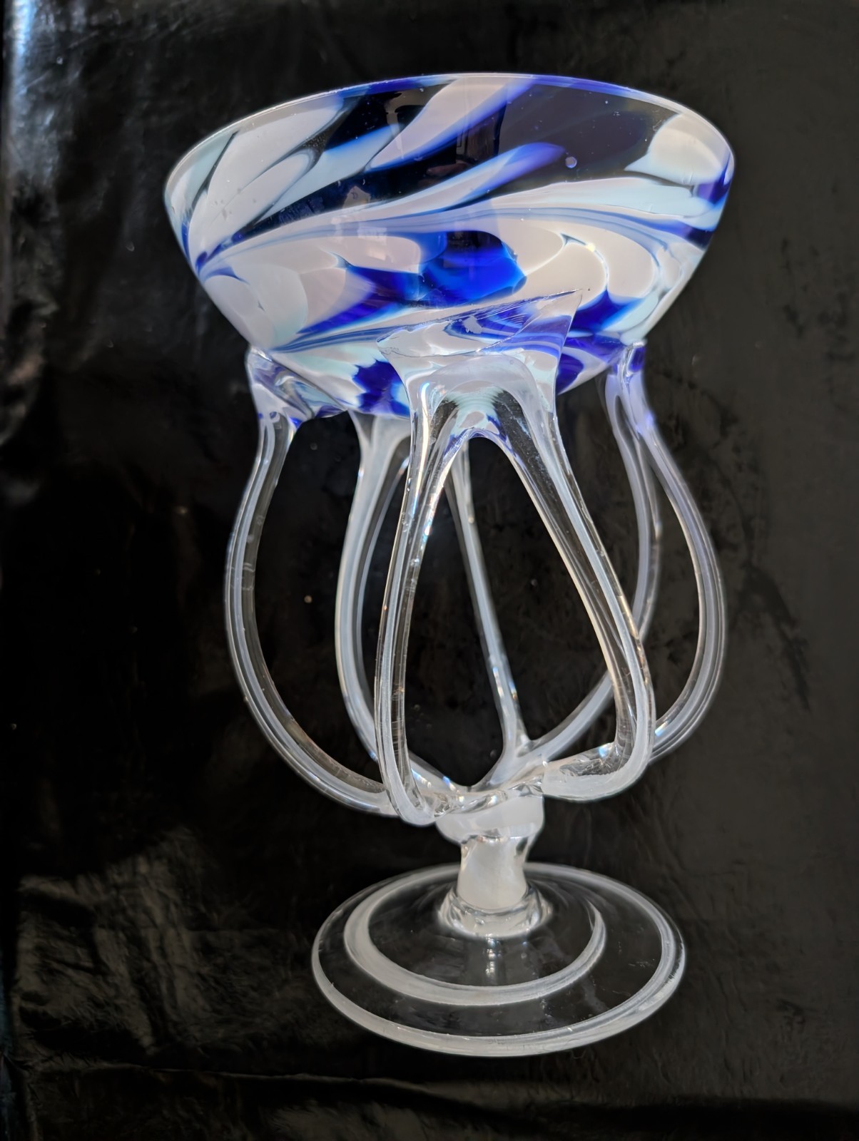 Jozephina Krosno Blown Glass Octopus Jellyfish Pedestal Cobalt Compote Poland
