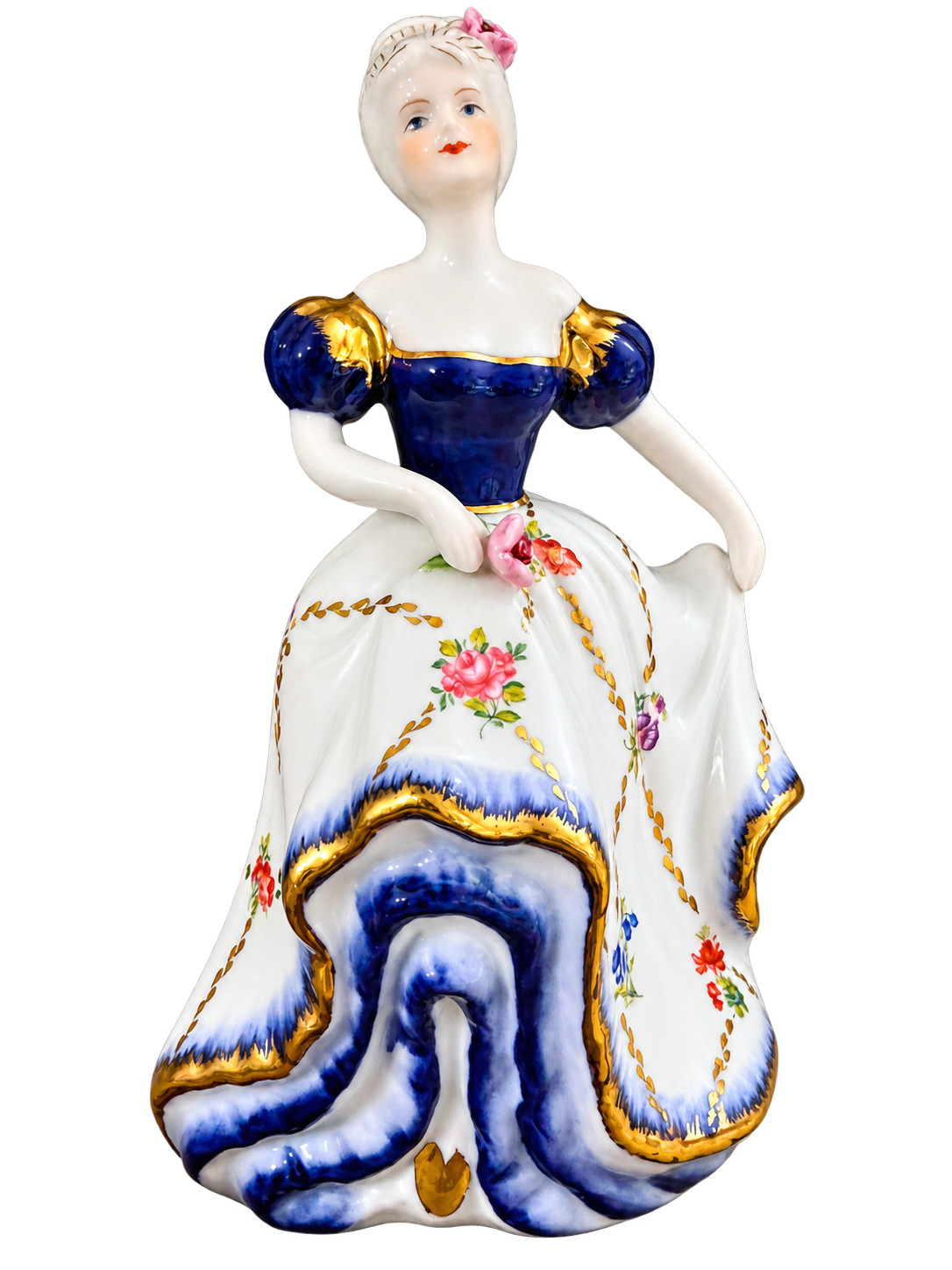 Vintage Style Porcelain Victorian Lady Figurine Blue White Floral Gold Trim 7.75