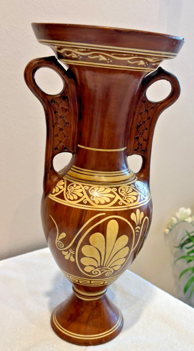 VINTAGE HANDMADE CERAMIC GREEK AMPHORA VASE, SIGNED, 14 1/2\