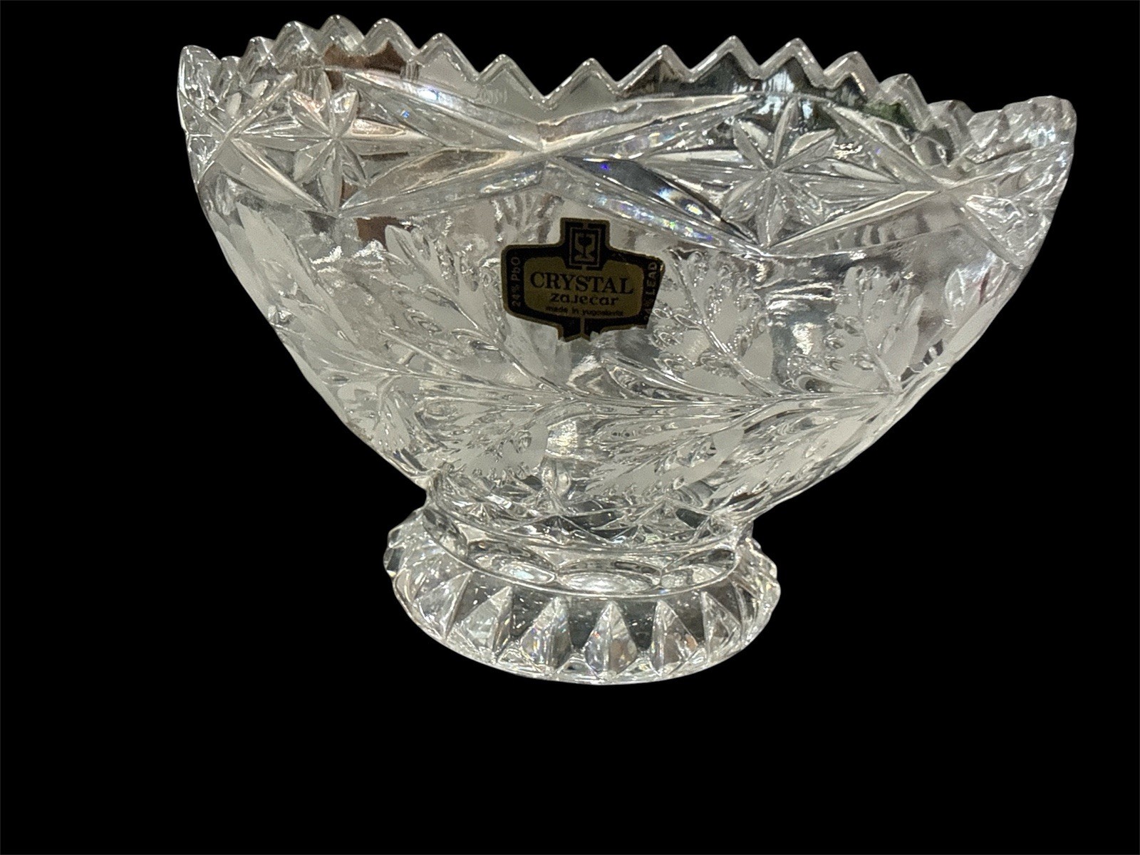 Vtg Crystal Yugoslavian Footed Bowl Frosted Sawtooth Edge. W/Sticker Floral