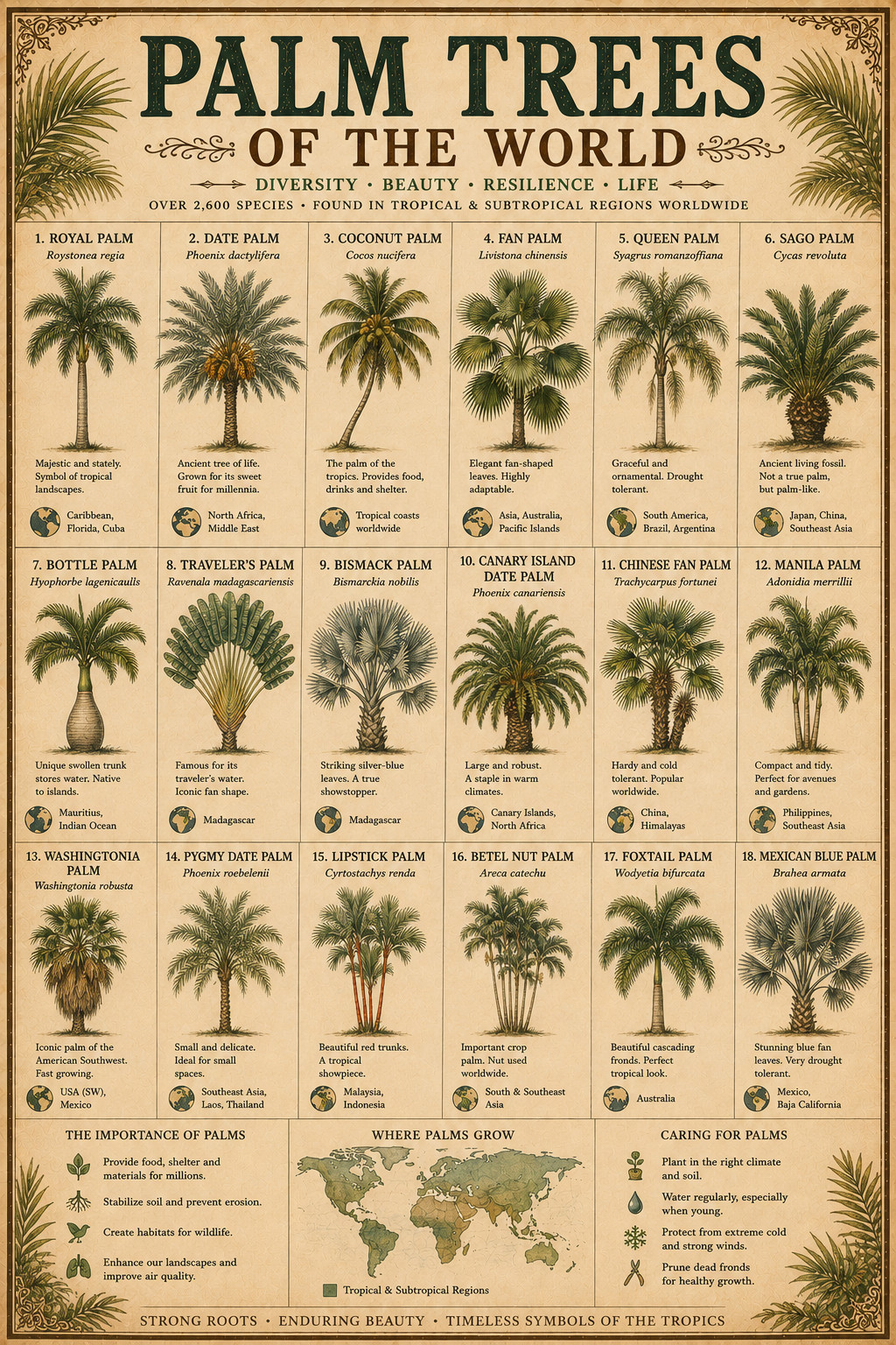 Palm Trees of the World Poster 13x19 – Vintage Palm Species Botanical