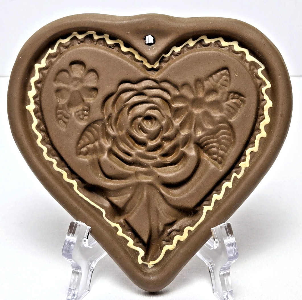 Vintage Cookie Mold Hartstone Stoneware USA Heart w/ Flowers 5” Valentine\'s Day