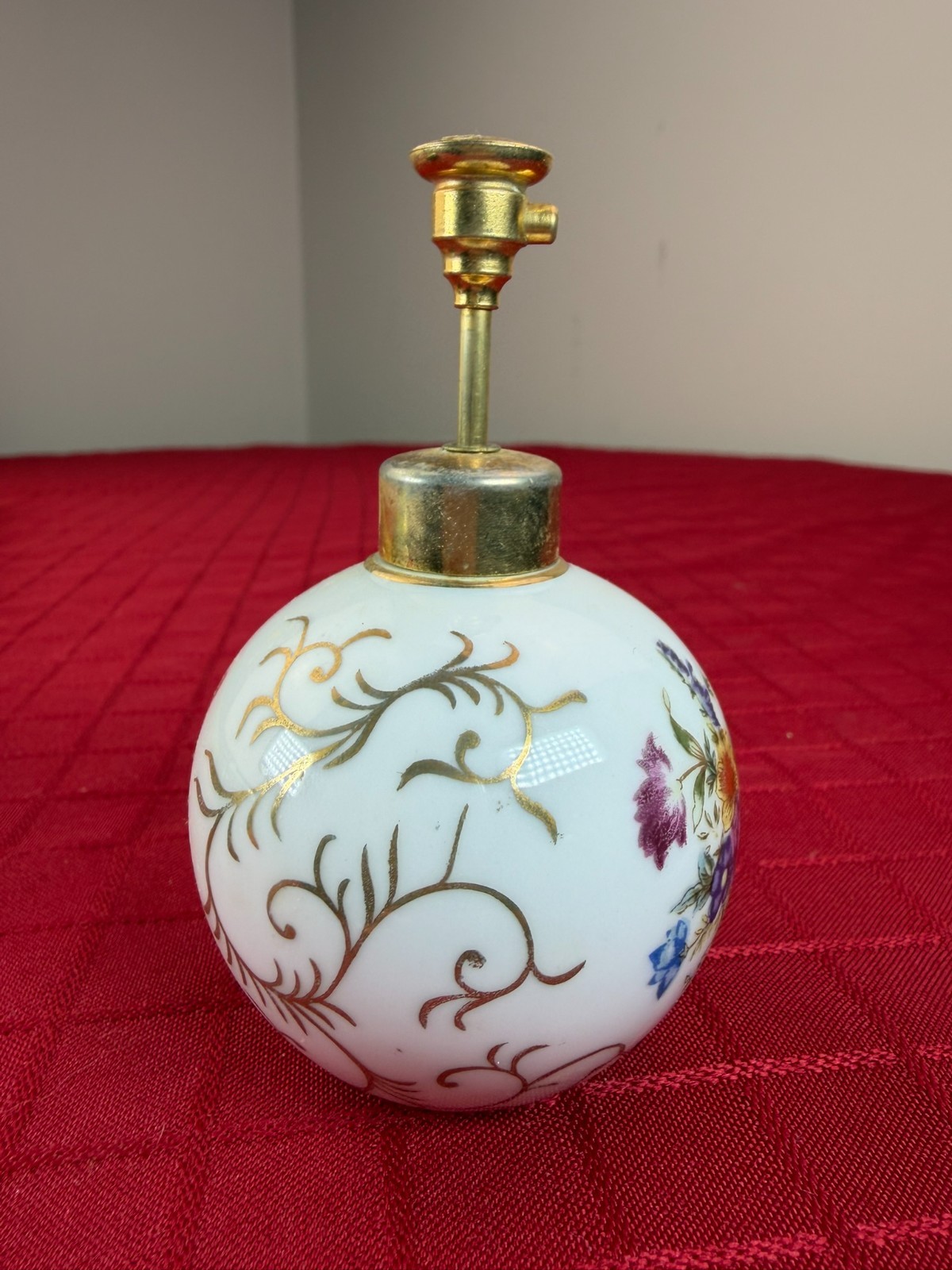 Irice Porcelain Gold GIlt Hand Painted Guilloche Flower Atomizer Perfume Bottle
