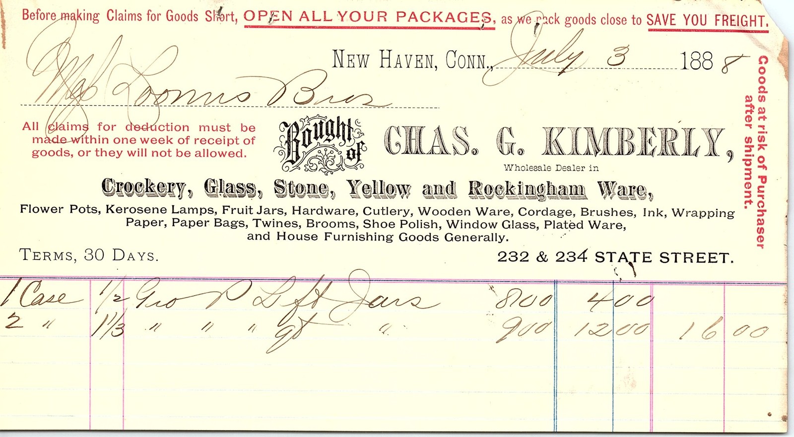 Vintage 1888 Billhead: Chas. G. Kimberly, New Haven, CT