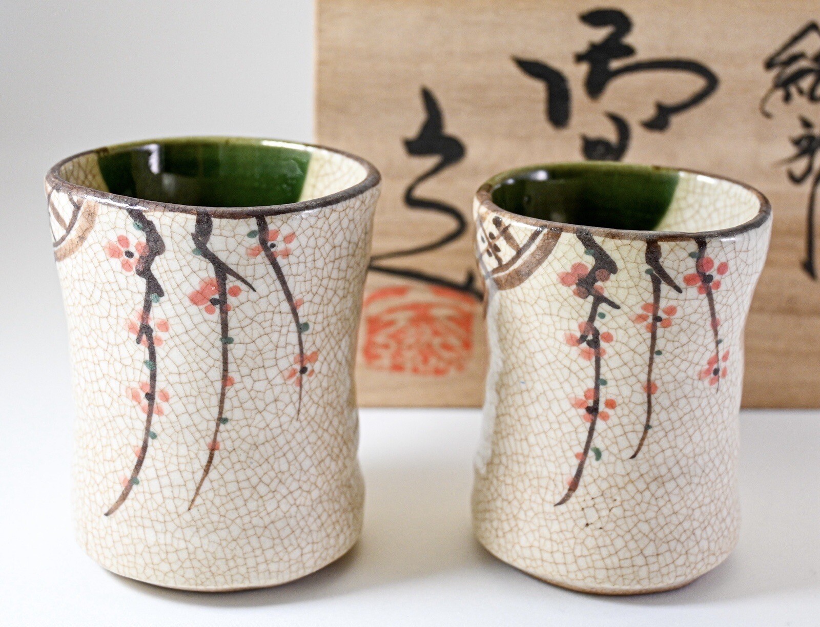 Japan Pair YUNOMI Tea Cup Oribe Weeping Sakura Crackle Glaze Rokube Seto ware