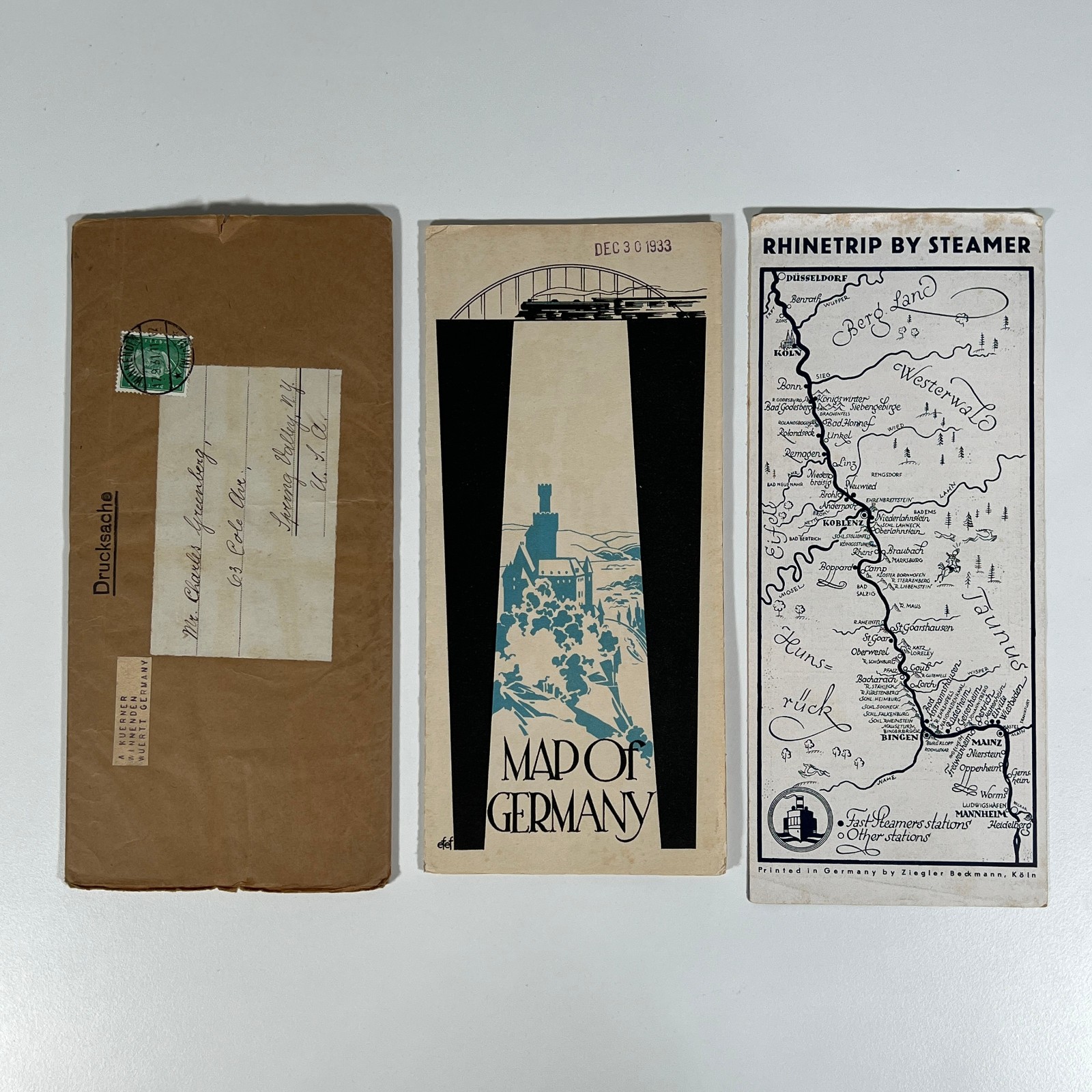 Antique 1933 Germany Travel Map Rhine Steamer Brochure Original Mailing Envelope