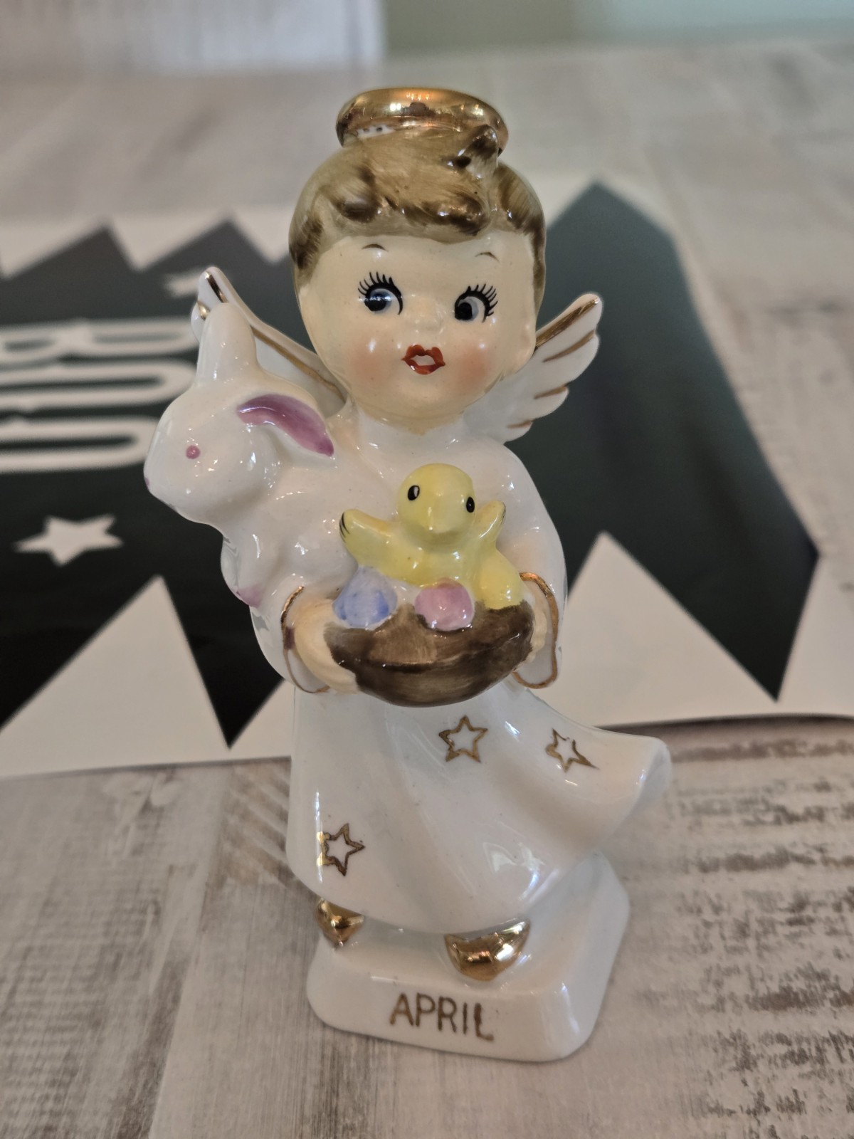 Rare FINE A QUALITY April EASTER ANGEL With Bunny Eggs Japan Norcrest MINT