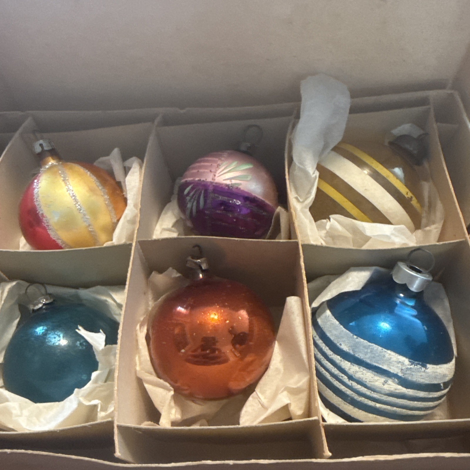 Vintage Glass Christmas Ornaments Set of 6 Colorful in Original Box
